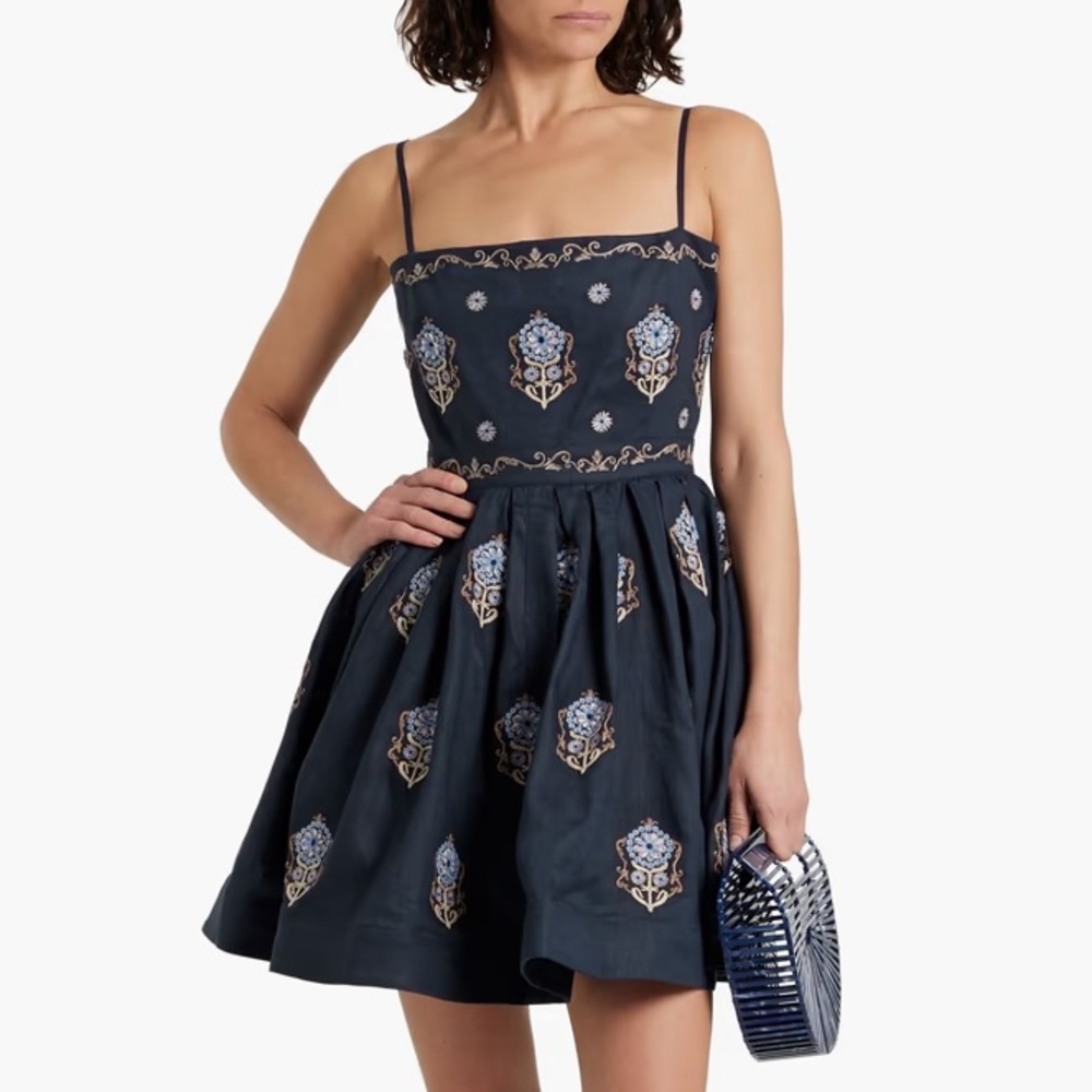 Agua by Agua Bendita Sapucaí Mosaico Embroidered Linen Mini Dress NWT